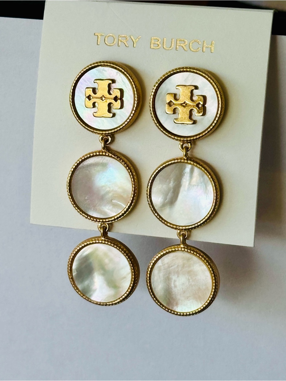 Tory Burch Gold and Iridescent Mother-of-Pearl Triple Disc Drop Earrings